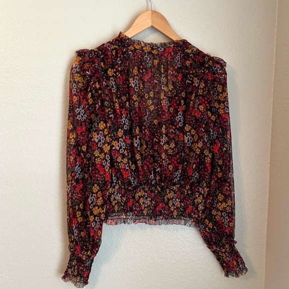 Free People Women’s Twyla Smocked Cropped Black Floral Sheer Blouse Top, Large - Picture 8 of 9